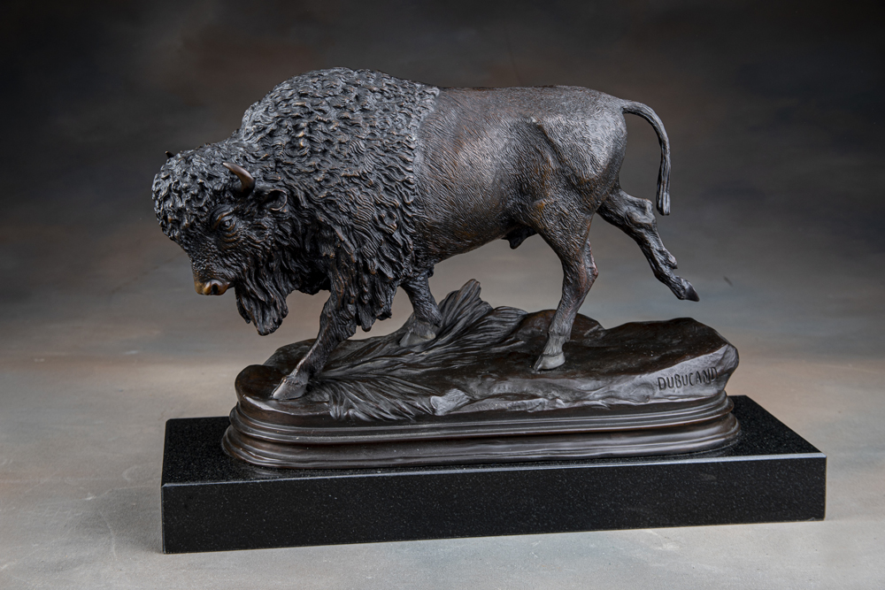 Magnificent Bronze Standing Buffalo on large marble base signed by Alfred Dubucand (19th century), fine detail, rich bronze patina, 13 1/4" T x 19" L x 7" D.